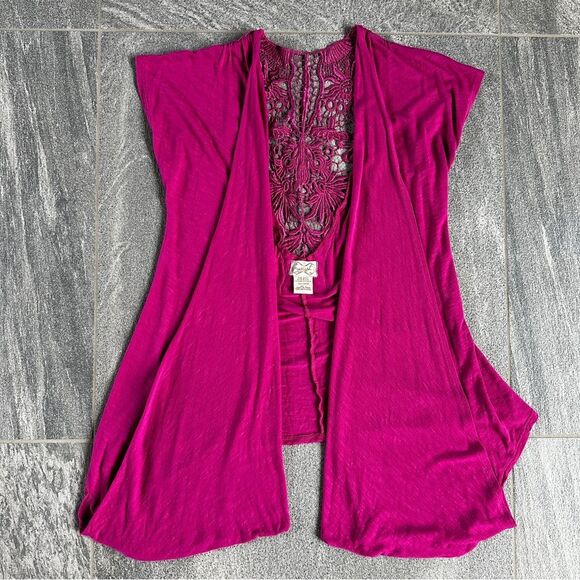 EUC Eyelash Couture Short Cap Sleeve Open Cardigan Pockets Lace Back Cut Out S - Picture 2 of 14